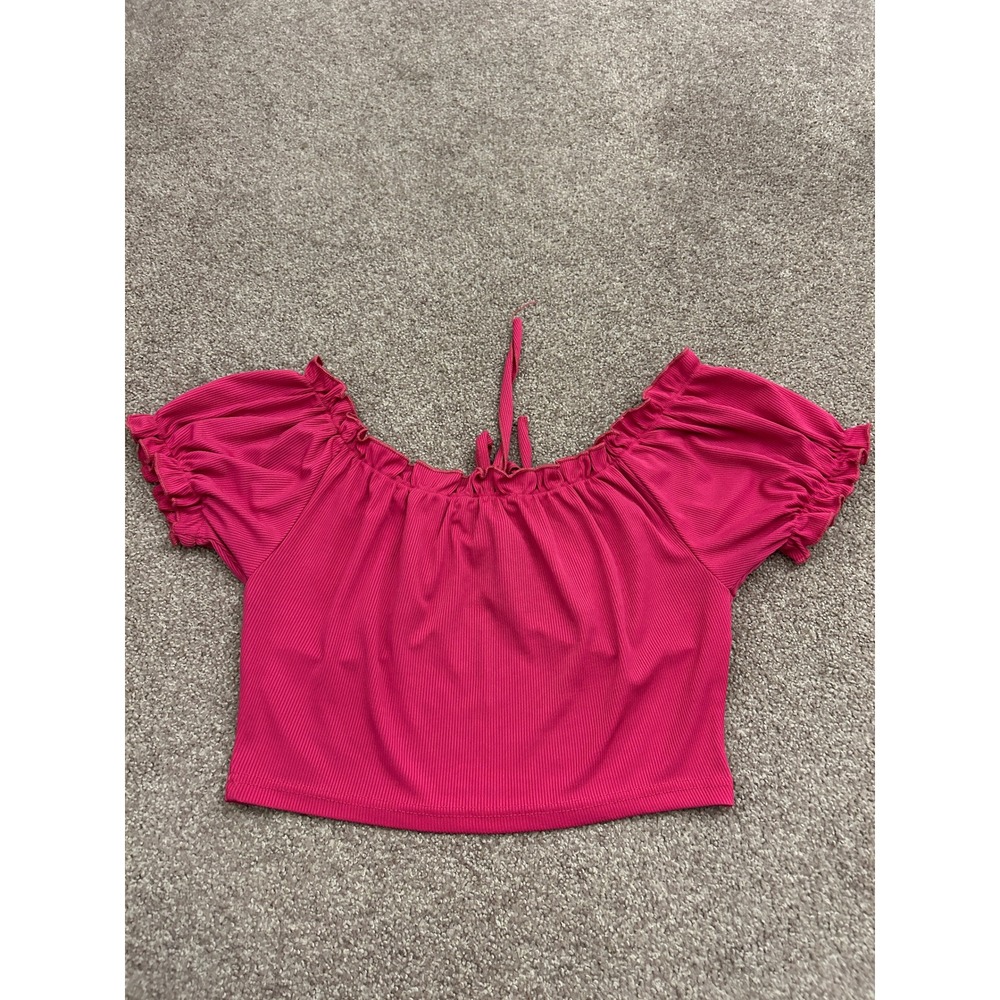 SHEIN Crop Top Womens Large Pink Excellent Ribbed Tie Front Puff Sleeve Ruffle - Picture 11 of 11